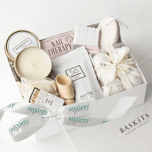 Spa gift baskets filled with luxurious self-care items, perfect health and wellness gifts for relaxation, anxiety relief, and pampering at home.