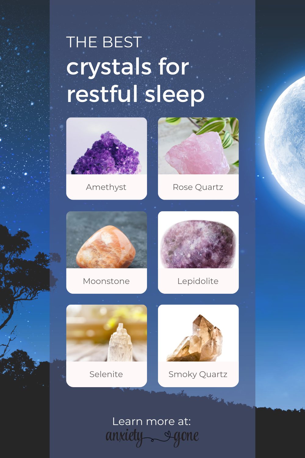Calming crystals for sleep and anxiety relief – featuring healing stones like amethyst, rose quartz, labradorite, and howlite to enhance rest, ease stress, and support spiritual wellness; ideal for gemstone jewelry, fidget rings, and worry stones.